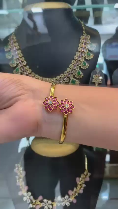 Ruby Floral Open Kada with Gold Finish