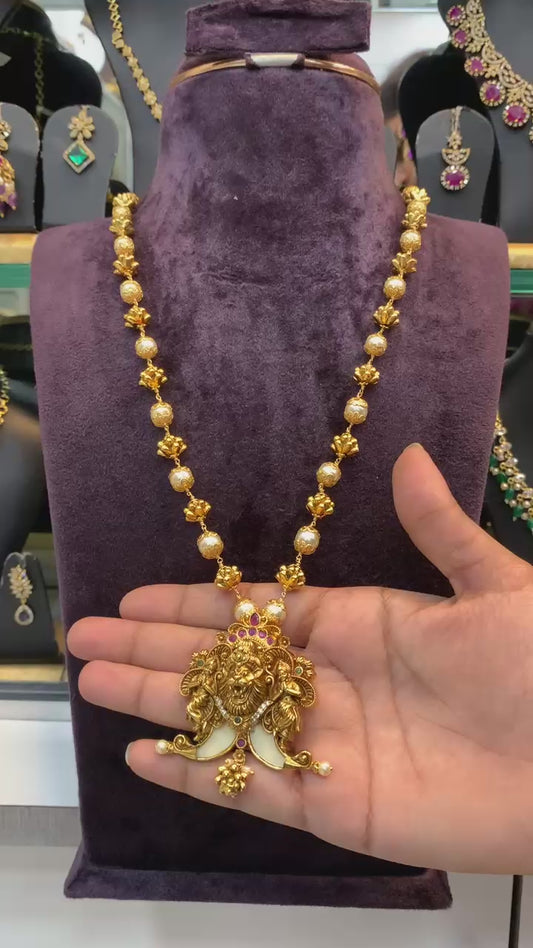 Divine Narasimha Temple Necklace with Pearl Bead Chain