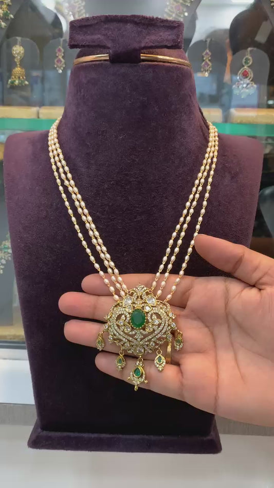 Triple Pearl Strand Necklace with Emerald & Kundan Pendant