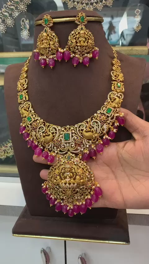 Grand Temple Necklace Set with Lakshmi Pendant, Emeralds & Ruby Drops