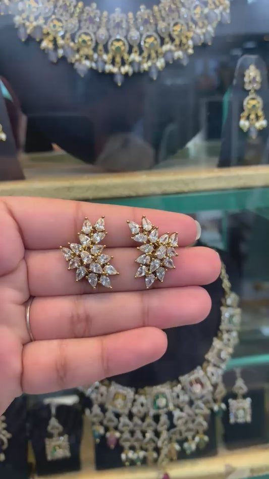 Clustered CZ Leaf Stud Earrings