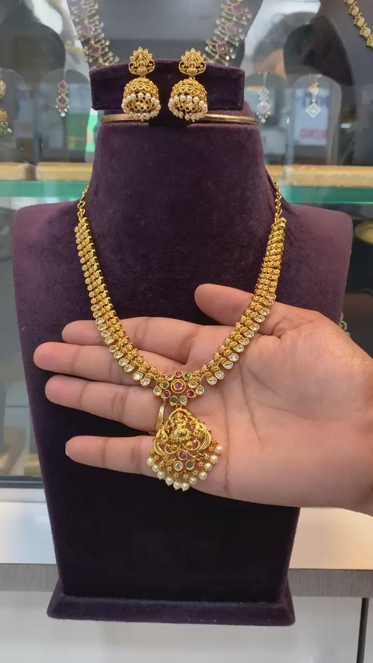 Temple-Style Gold Necklace Set with Jhumkas