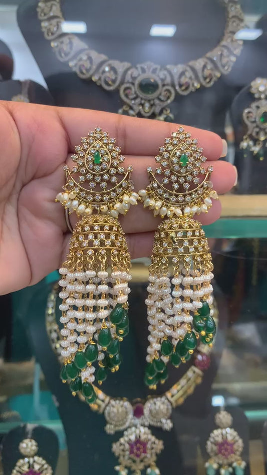 Emerald and Pearl Layered Jhumka Earrings