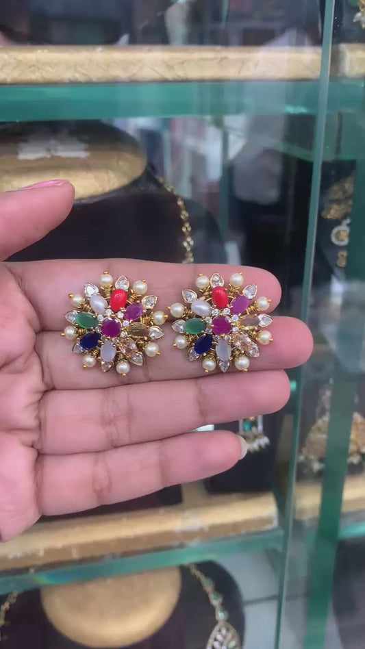 Gold-Plated Navaratna Floral Earrings