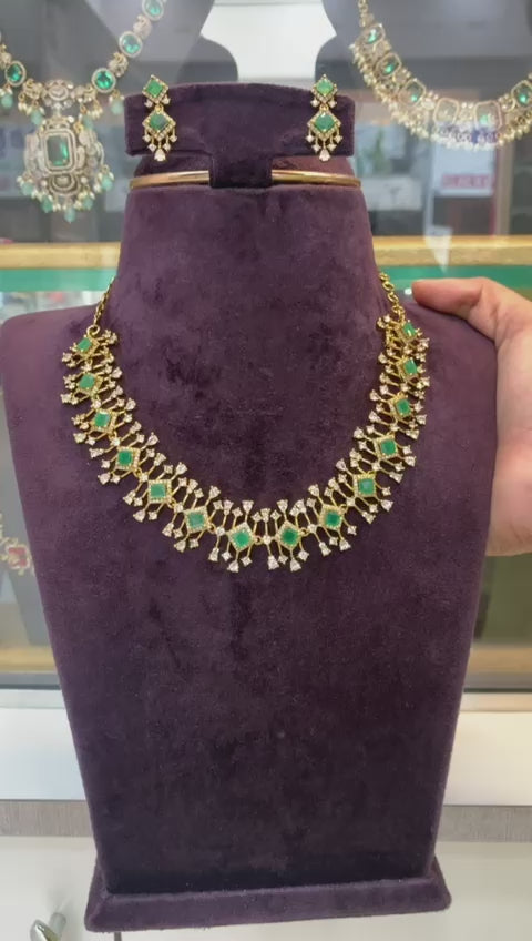 Emerald Square-Cut Necklace Set with Matching Earrings