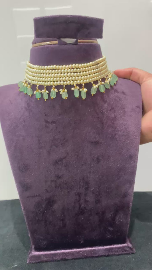 Pearl Elegance Choker with Aqua Drops