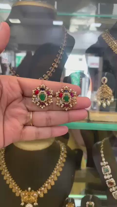 Emerald Navaratna Stud Earrings