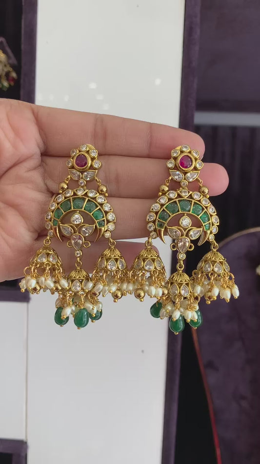 Antique Green Kundan Chandbali Earrings