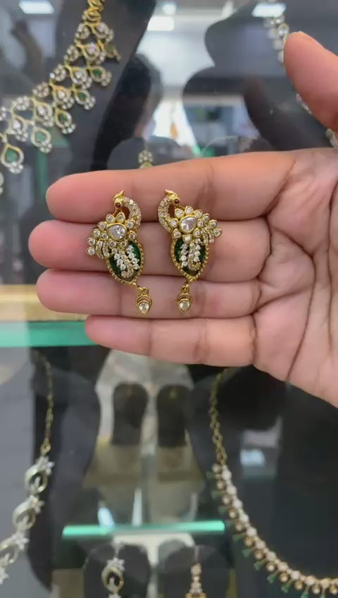 Antique Peacock Design Earrings with Green and White Stone Detailing