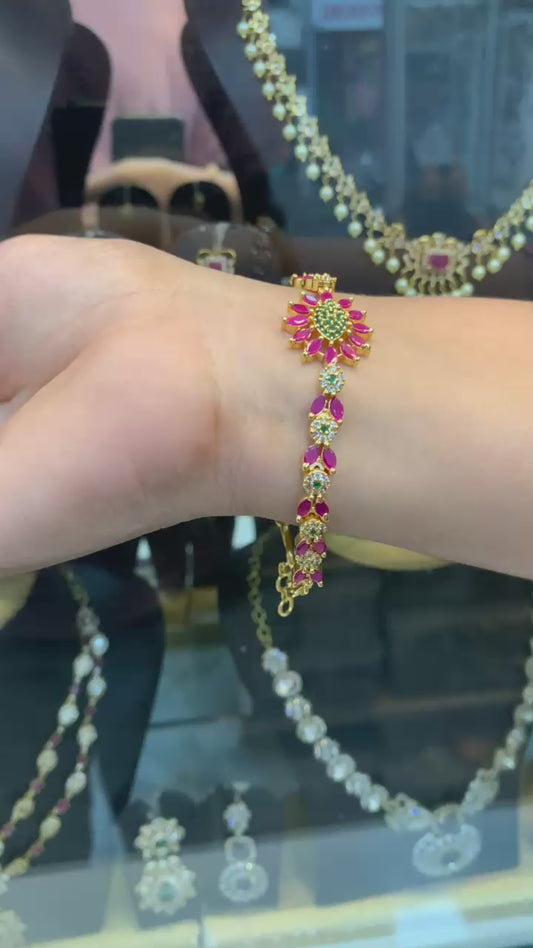 Ruby & CZ Floral Bracelet with Gold Finish