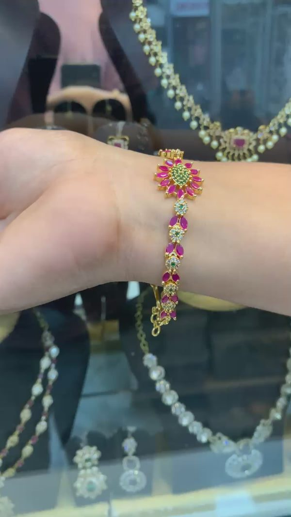 Ruby & CZ Floral Bracelet with Gold Finish