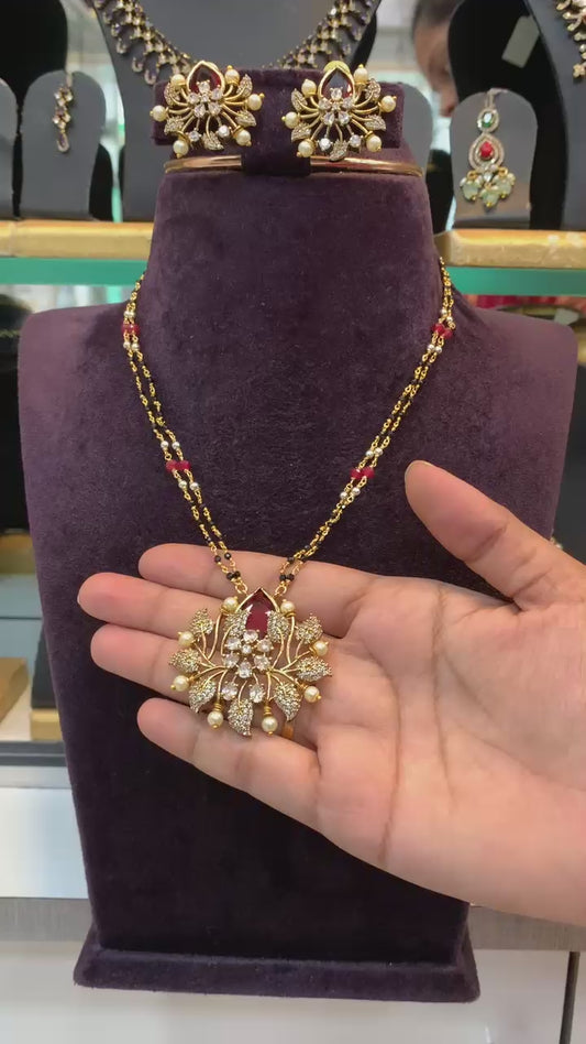 Floral Ruby Mangalsutra Set with Pearls