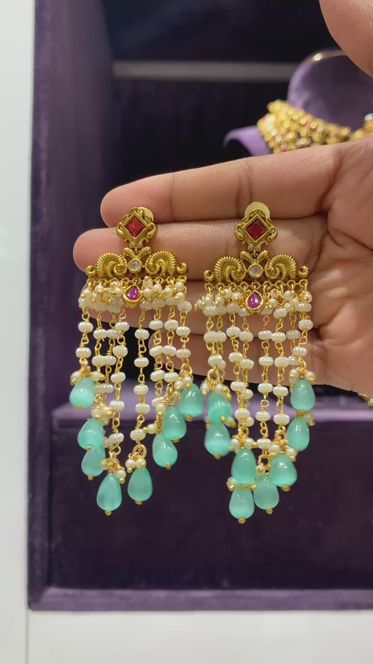 Heritage Pearl & Aqua Chandbali Earrings