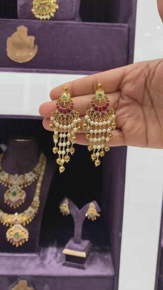 Gold Chandbali Earrings with Ruby, Emerald, and Pearl Drops