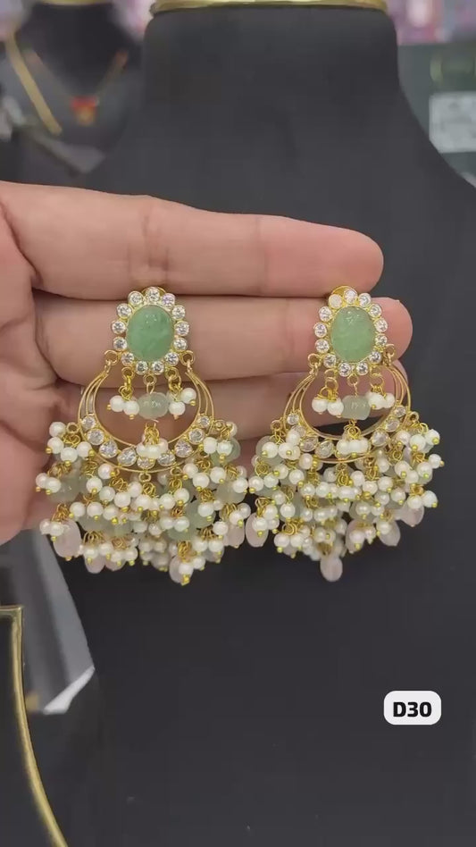 Grand Green Stone and Pearl Chandbali Earrings with Crystal Accents