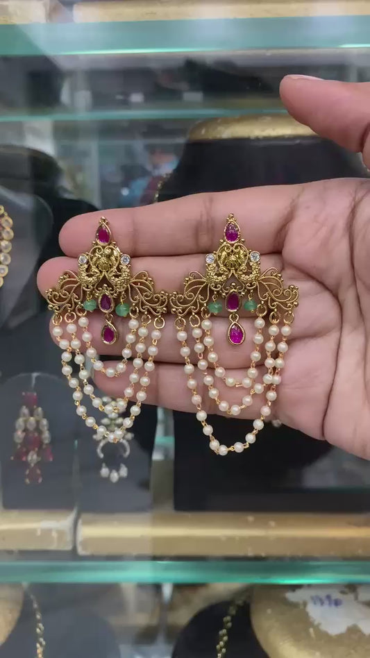 Temple Peacock Pearl Chain Earrings with Ruby and Emerald Accents