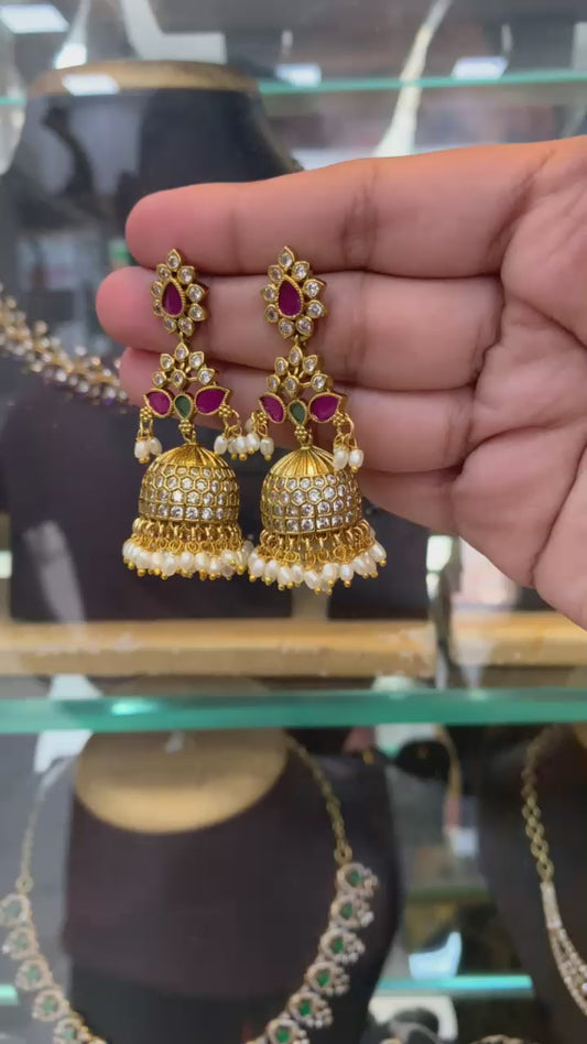 Traditional Kundan Jhumka Earrings with Ruby and Pearl Detailing