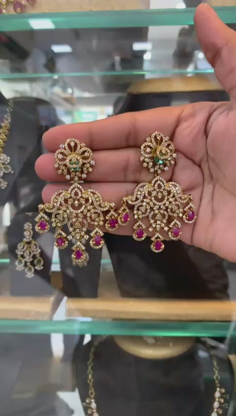 Antique Ruby Drop Chandbali Earrings with Emerald Accent