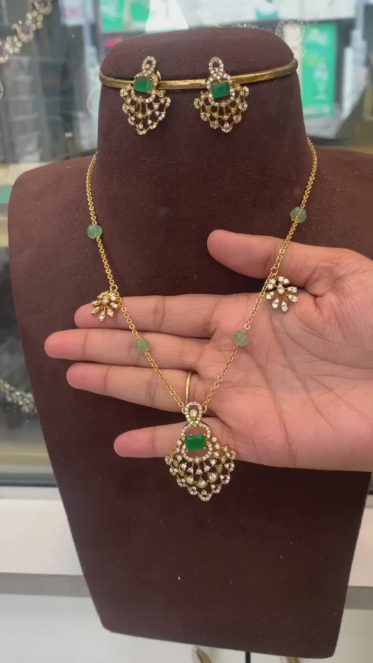 Elegant Green Stone Necklace and Earring Set with Crystal Detailing