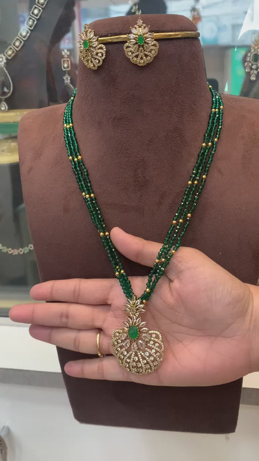Emerald Green Beaded Necklace with Designer Pendant Set