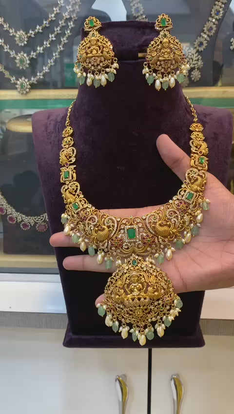 Grand Lakshmi Temple Necklace Set with Pearls, Emeralds & Antique Gold Finish