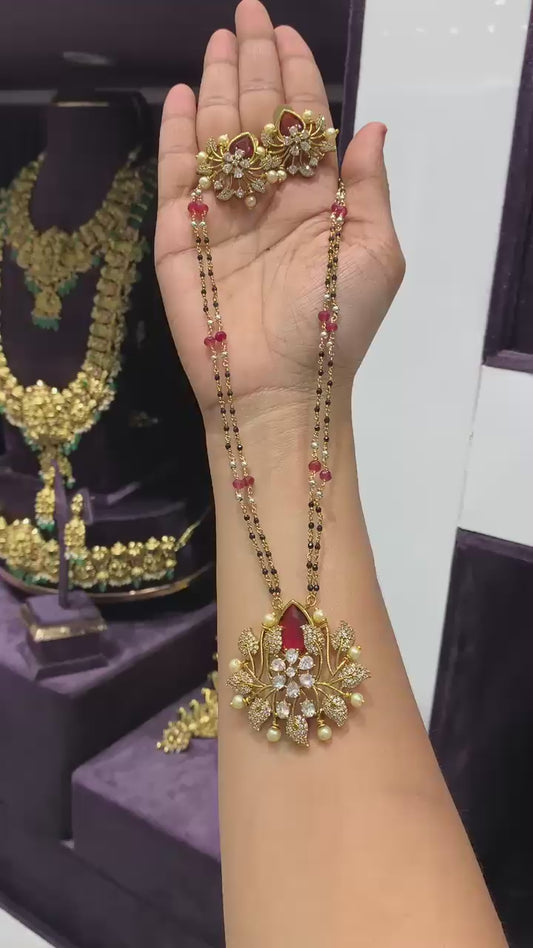 Red Stone Floral Mangalsutra Set - Long