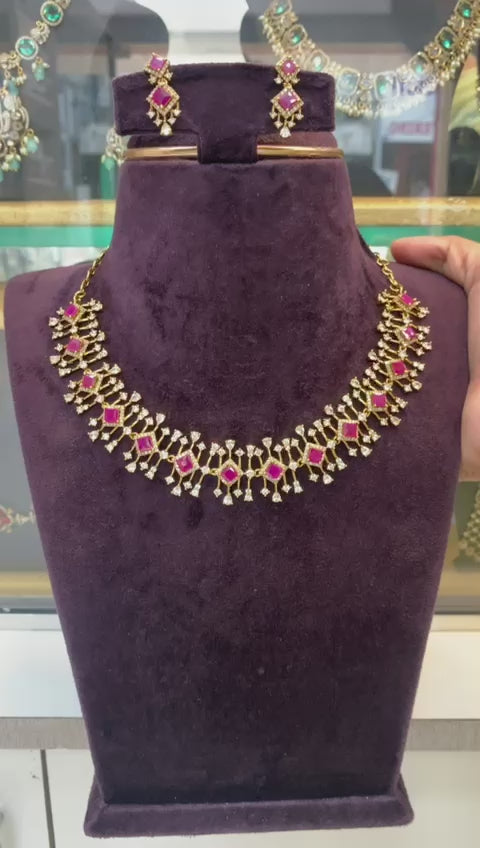 Ruby Square-Cut Necklace Set with Delicate Earrings