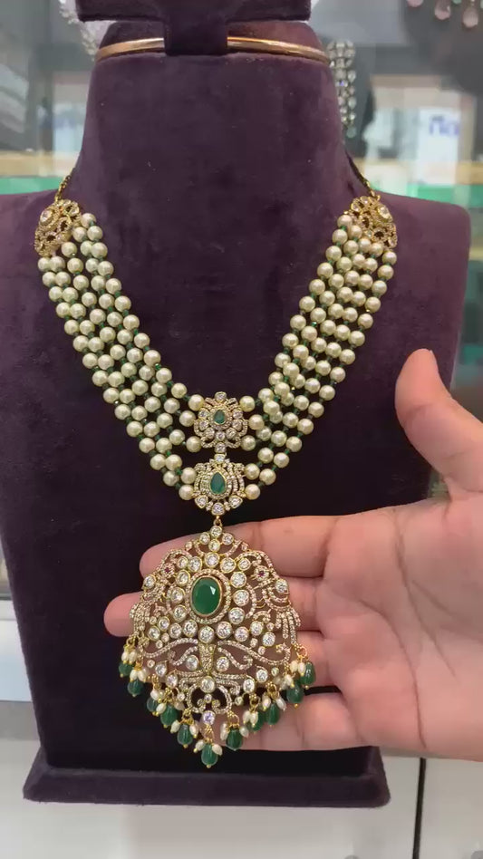 Royal Multi-Layer Pearl Necklace with Emerald & CZ Statement Pendant